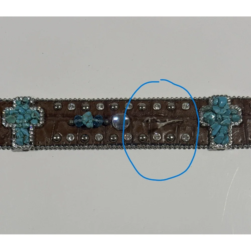 NOCONA - Women's Brown Leather Turquoise Cross Rhinestone Western Belt - Large